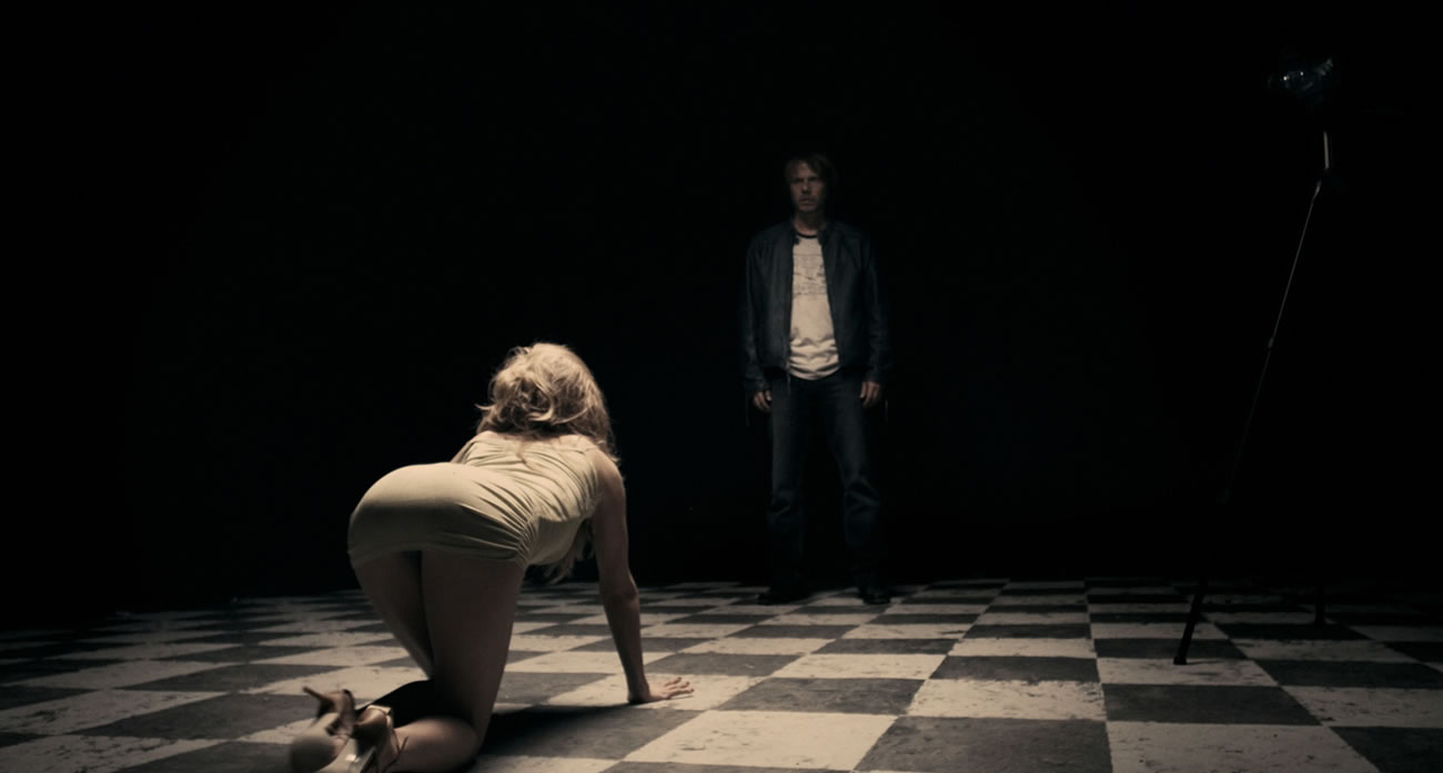 a serbian film, woman crawling on checkered floor, meeting up with man