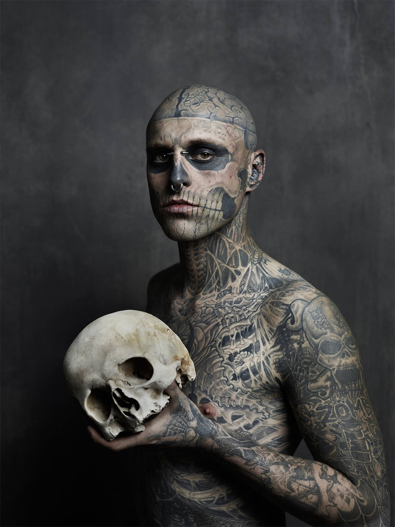 rick genest, zombie boy for rebell magazine, skull