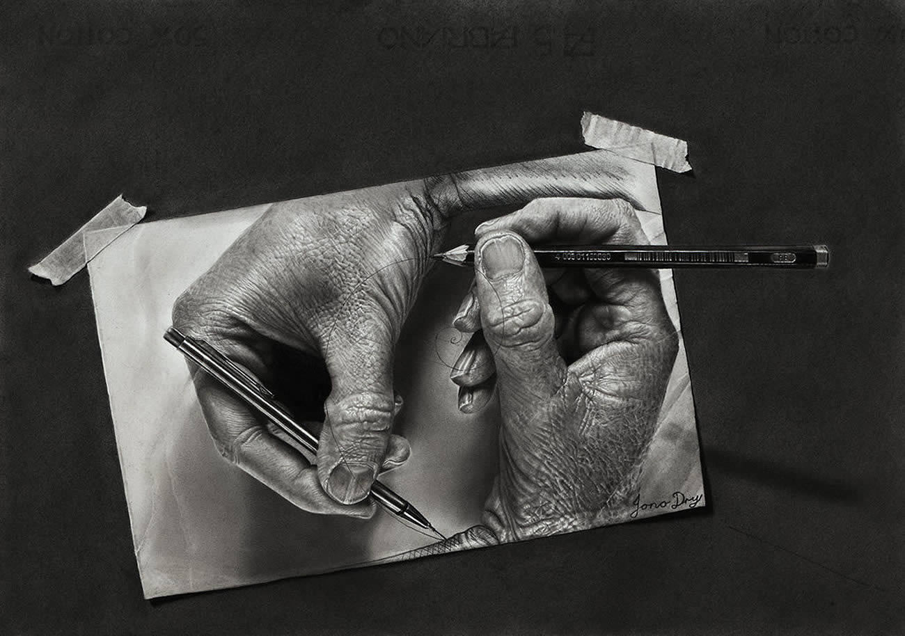 hands drawing hands, escher, drawing by jono dry