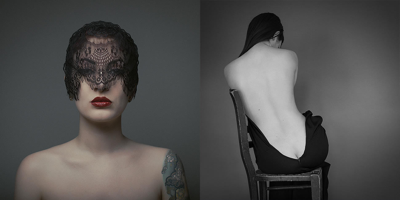 black dollie on woman's head and woman with back showing sitting on chair, by red hair girl portrait, photography by Michael Magin