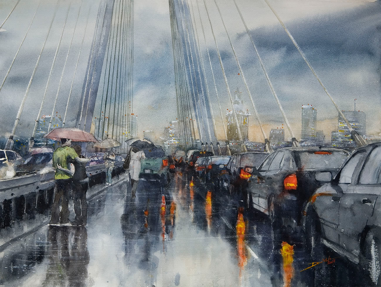 raining, people and cars on a bridge, painting by Minh Dam