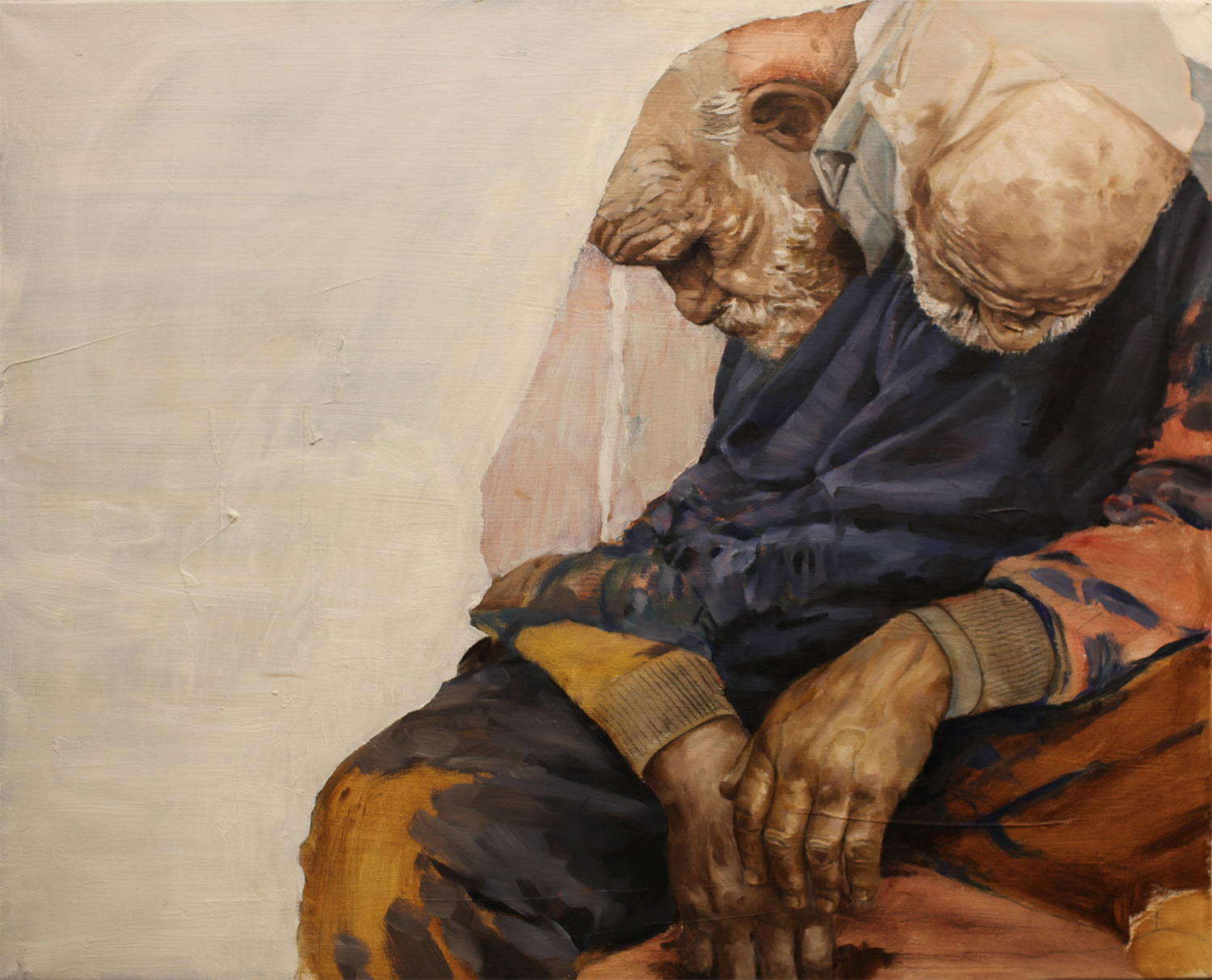 old man sitting down, painting by david allen