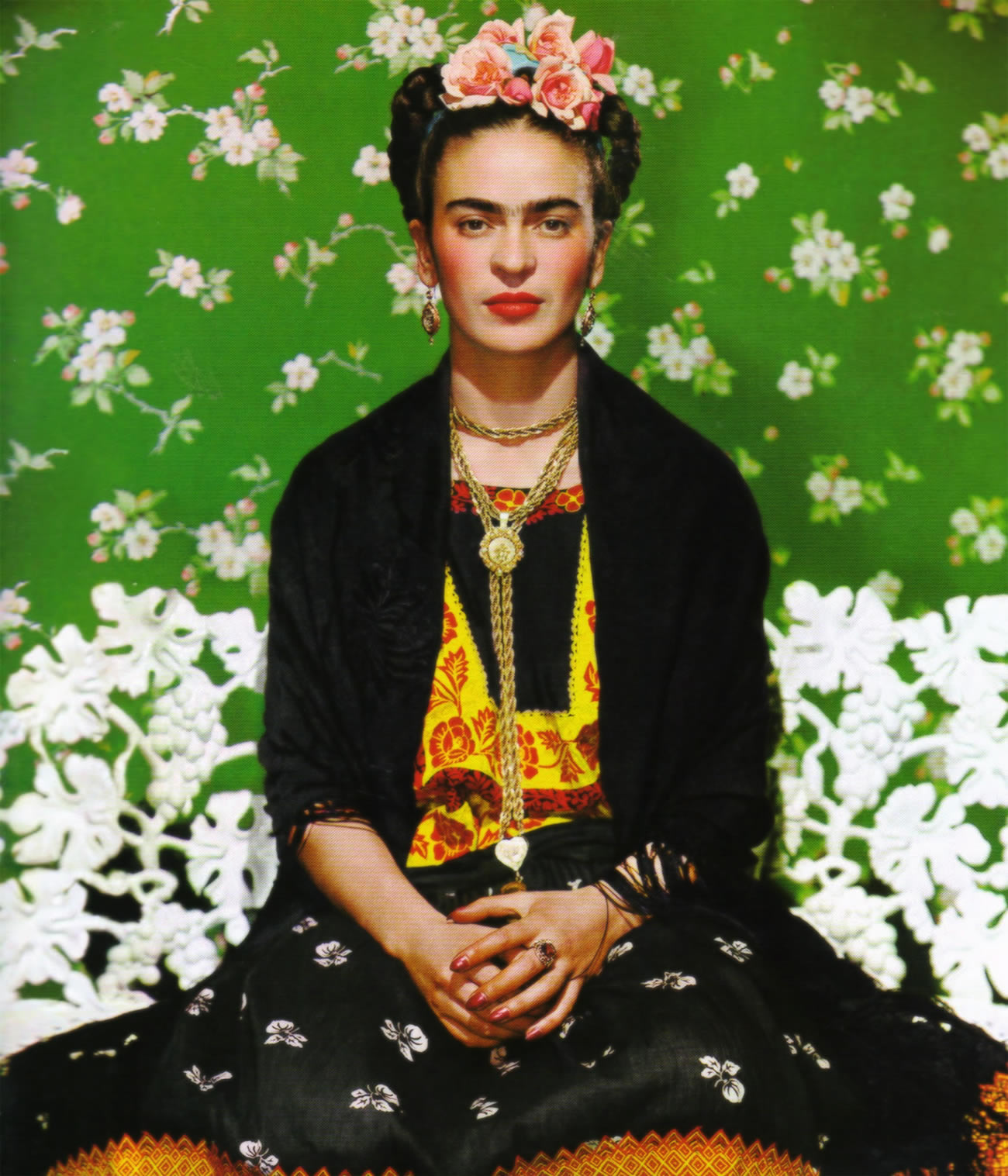 frida kahlo artist portrait, green wallpaper with flowers