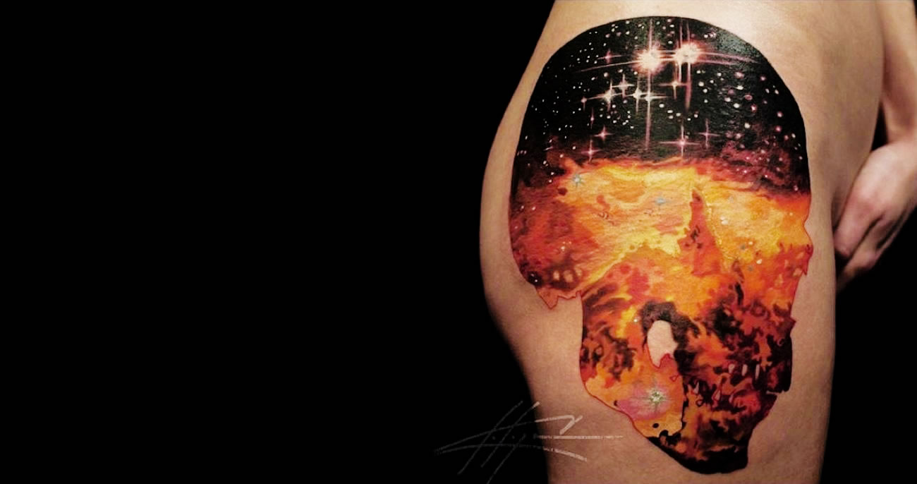 Constellation in a Skull tattoo by Nick Chaboya