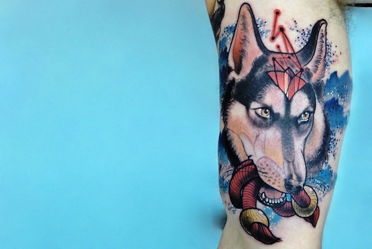 Wolf with Stardust tattoo by Cody Eich