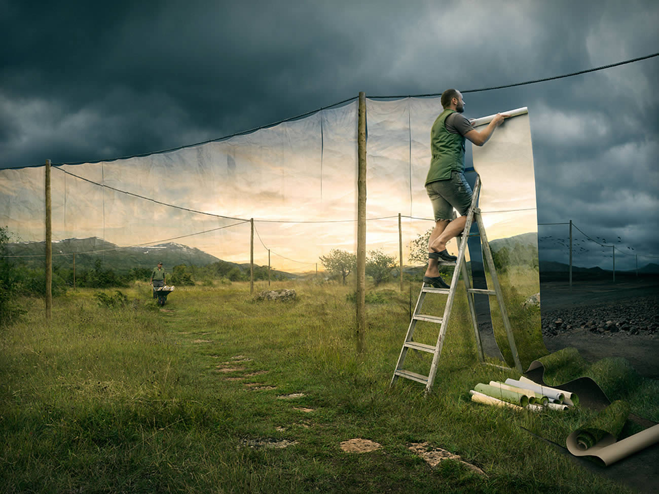 laundry with landscape scene on cloth, photomontage by erik johansson