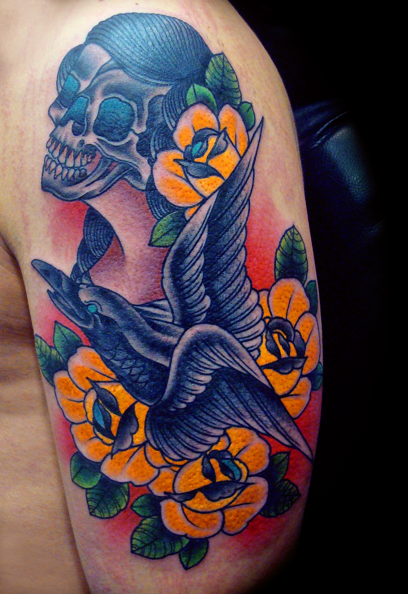 yellow roses with woman with skull face by javier rodriguez