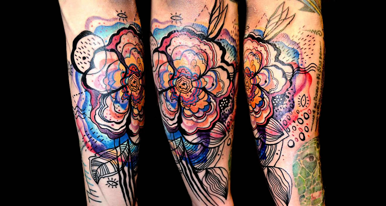 colorful flower painterly tattoo by Petra Hlaváčková 