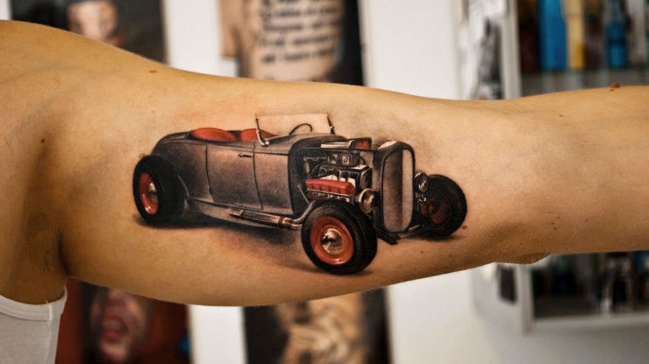 vintage car tattoo by Denis Sivak