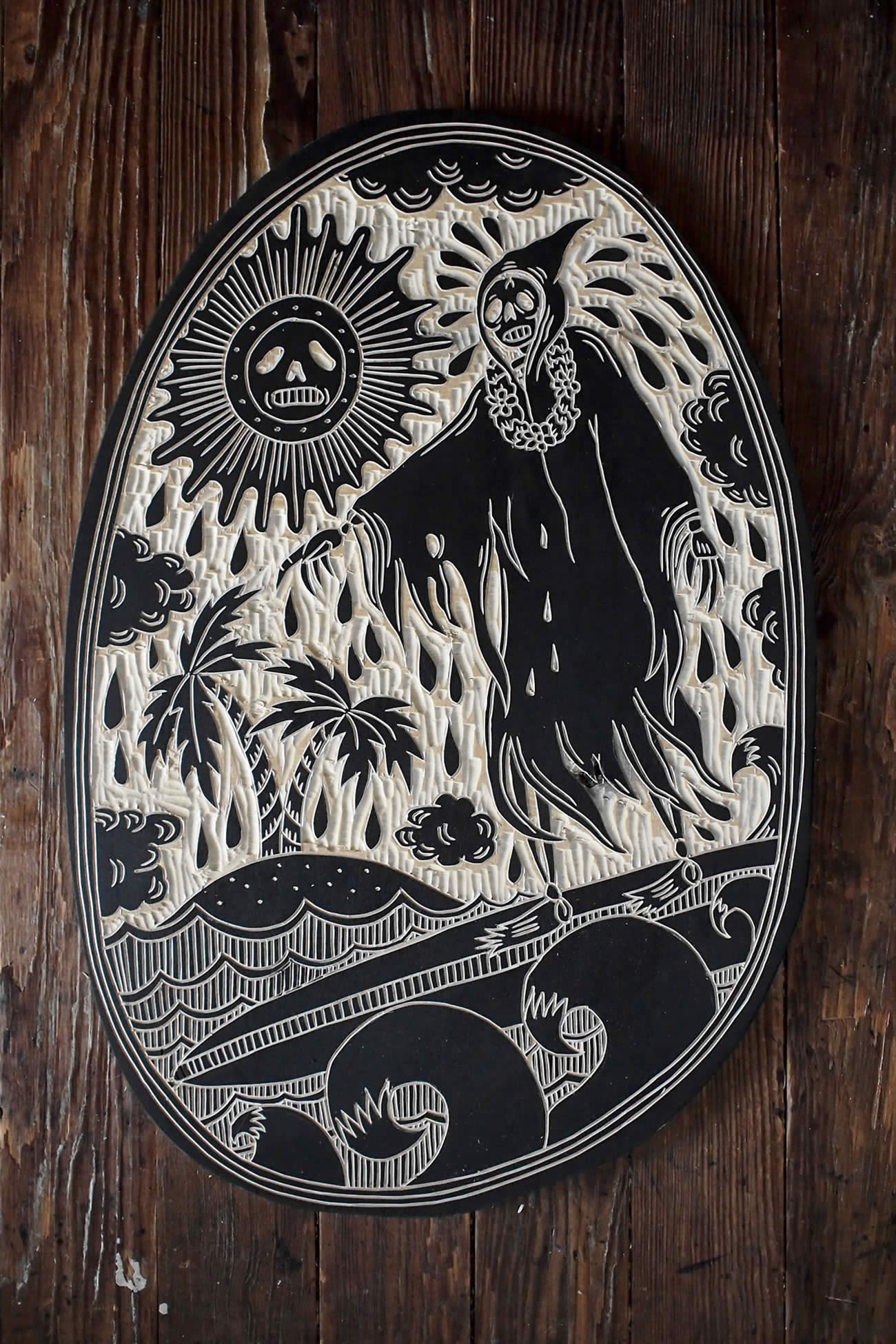 grim reaper in tropical island, woodcut by bryan perrott