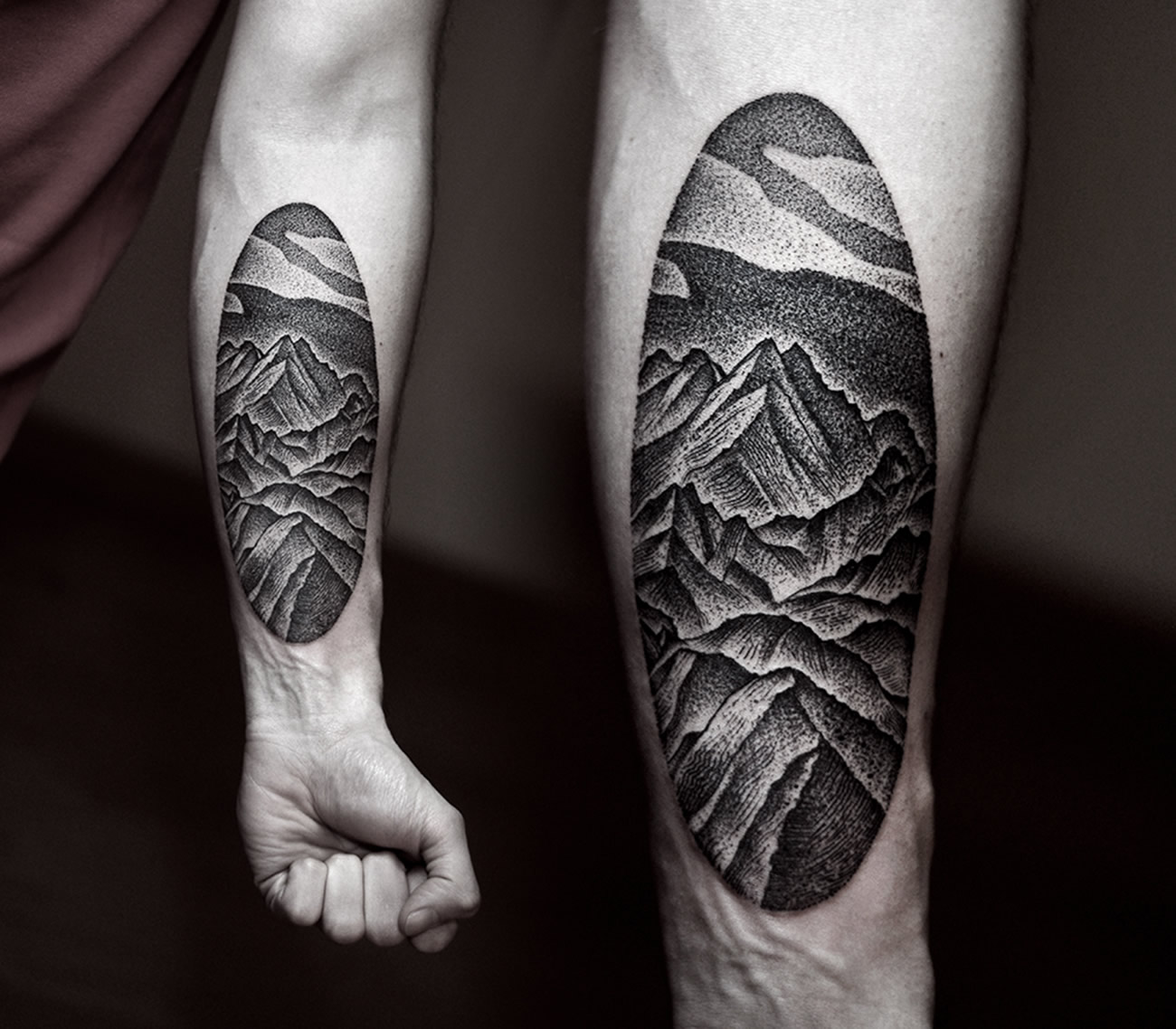 mountain tattoo on arm by Kamil Czapiga