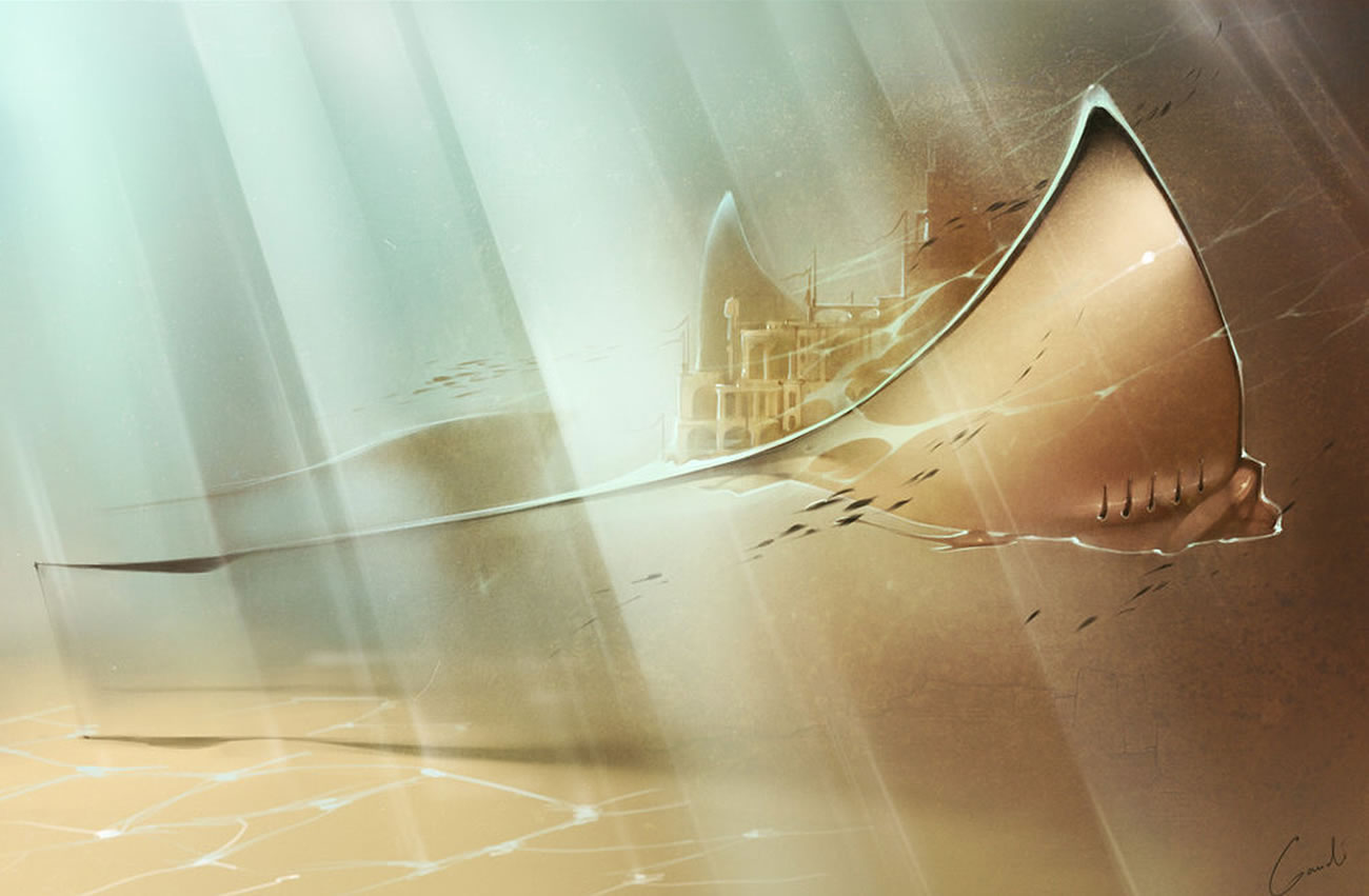 sting ray with city on back by Alexandra Khitrova