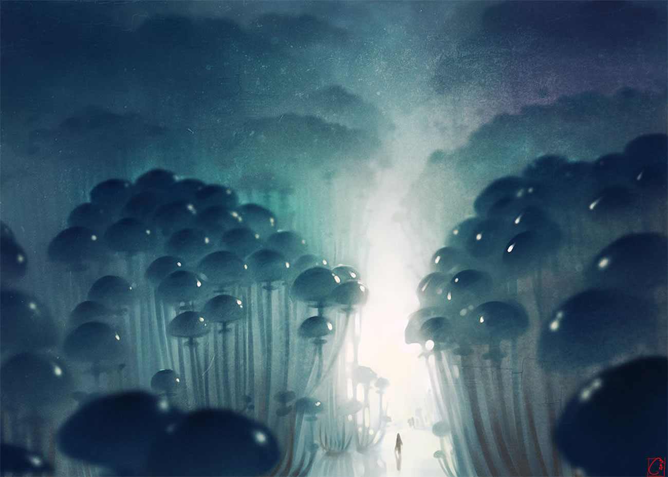 mushrooms and blue sky, digital art by Alexandra Khitrova 