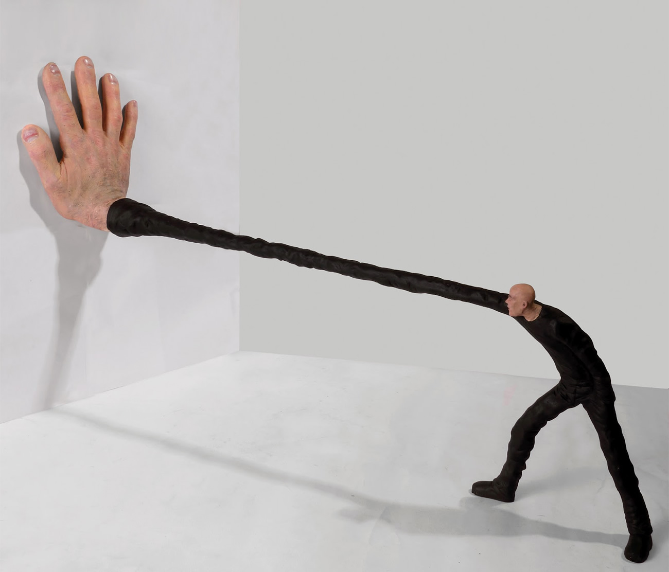 man with giant hand holding wall, by gerardo feldstein