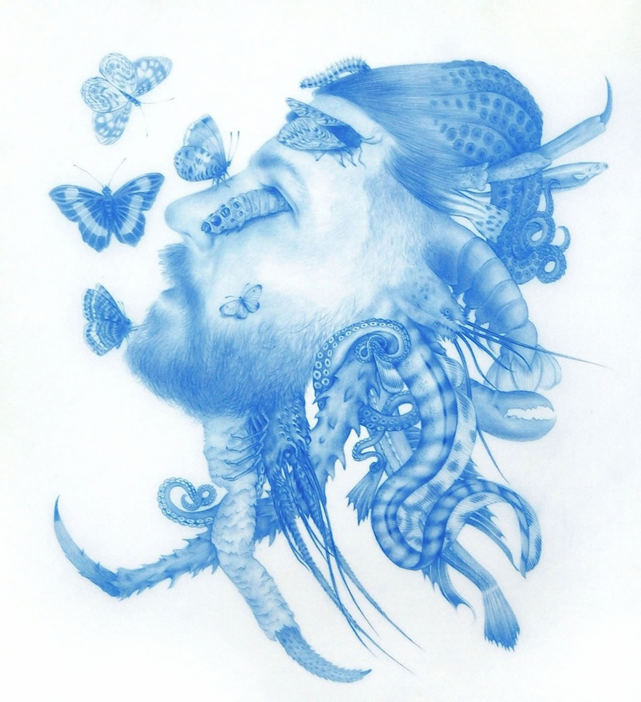 insects on man's face, blue drawing by Zachari Logan