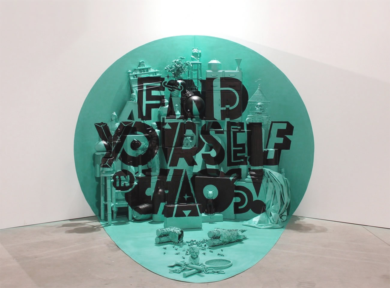 Find yourself in chaos by akacorleone, front view, various object forming words