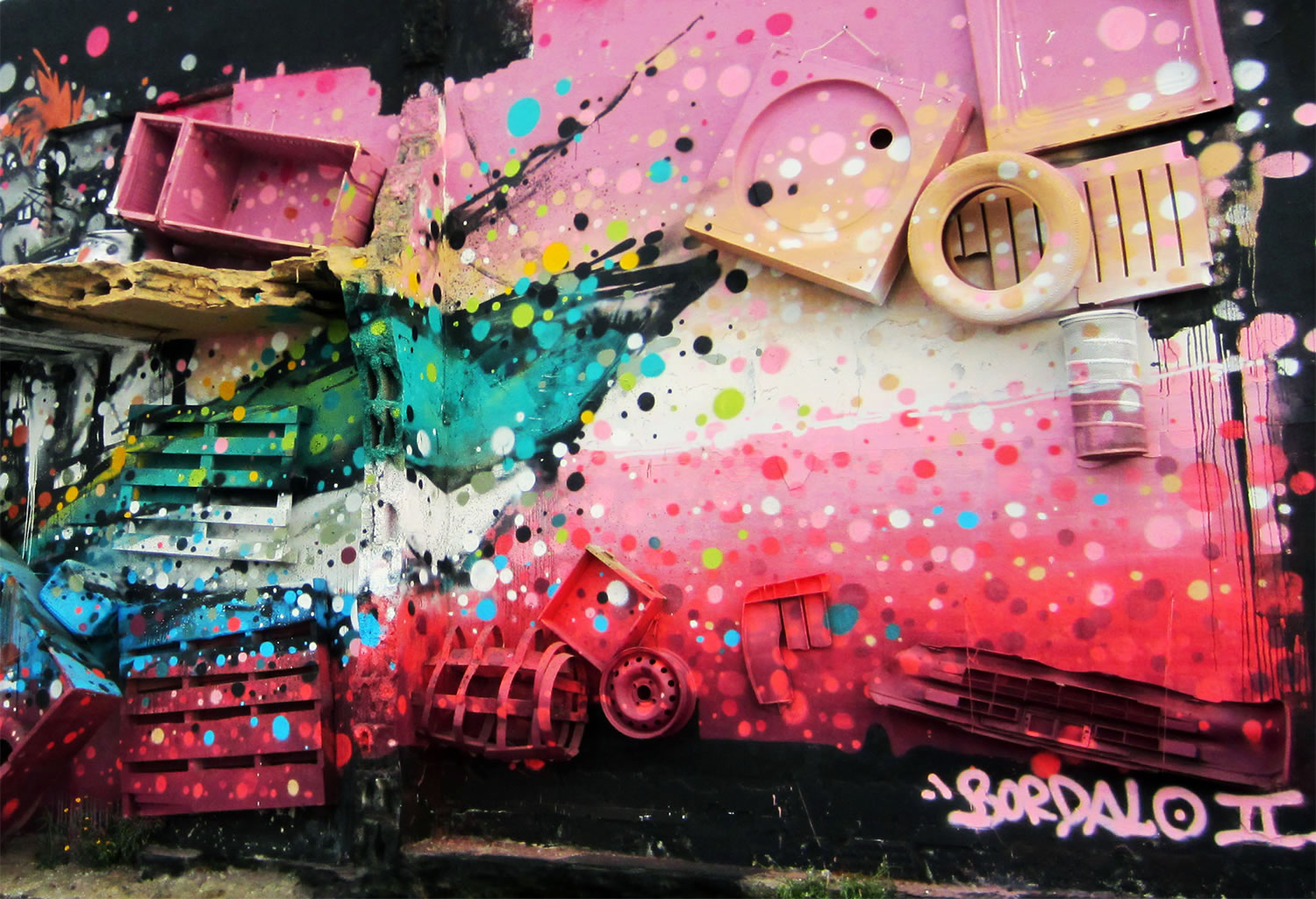 close up of pink and black mural by bordallo II