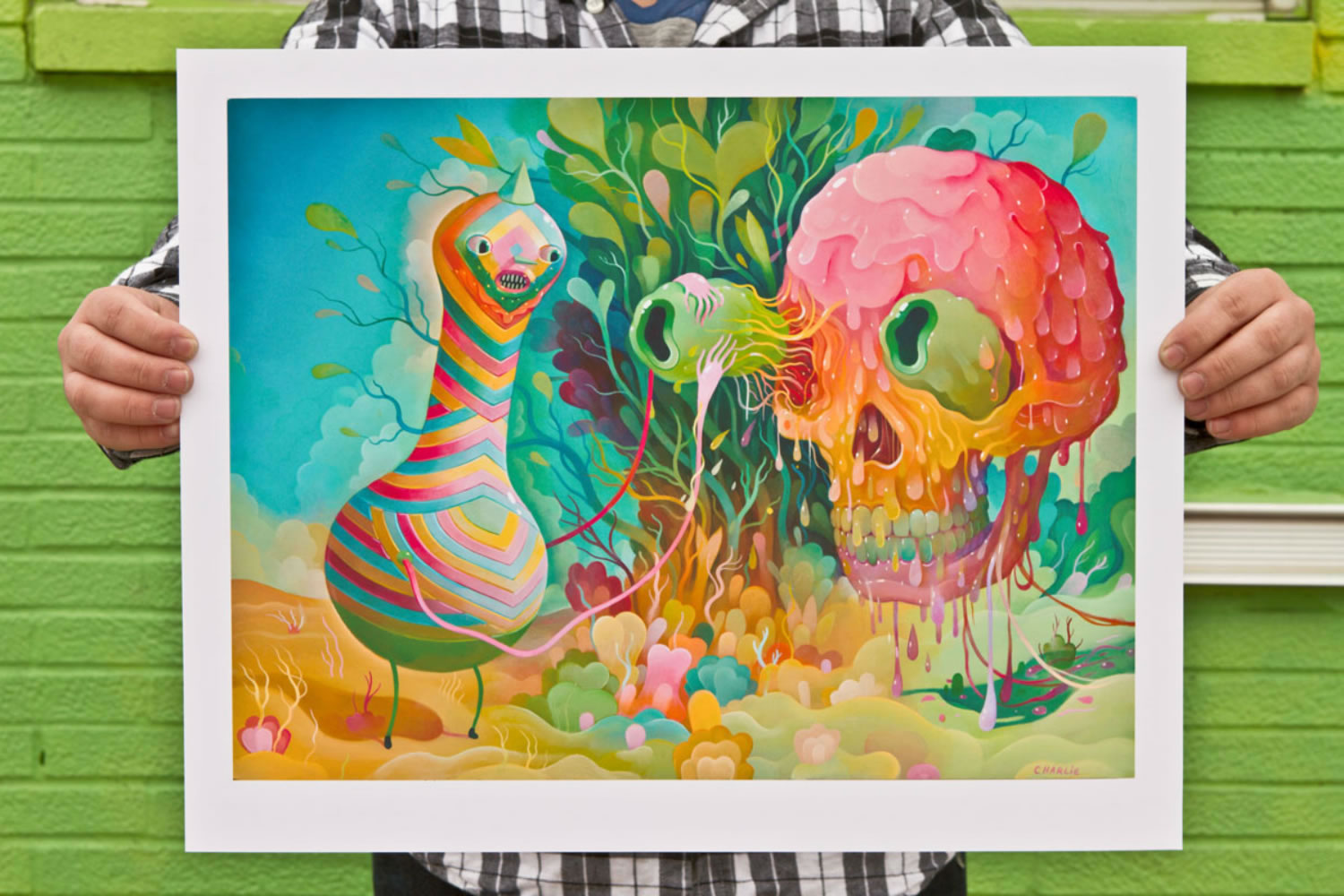 a colorful print with a weird skull by charlie immer