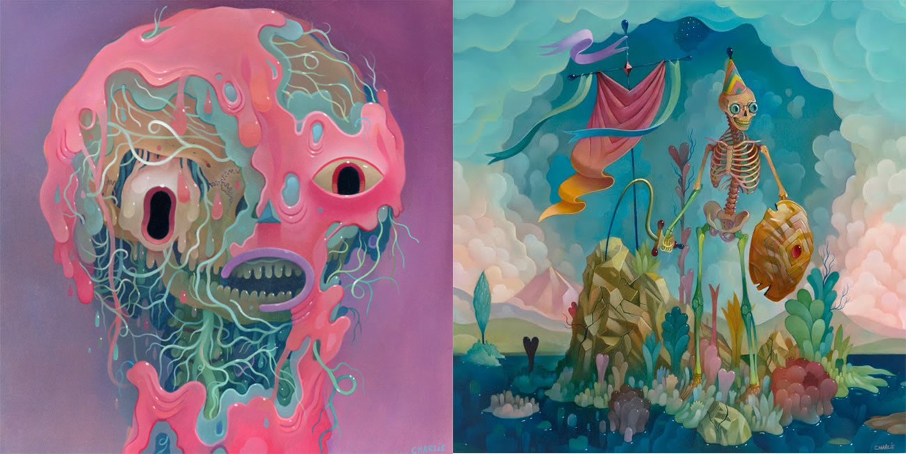 pink and blue paintings by charlie immer