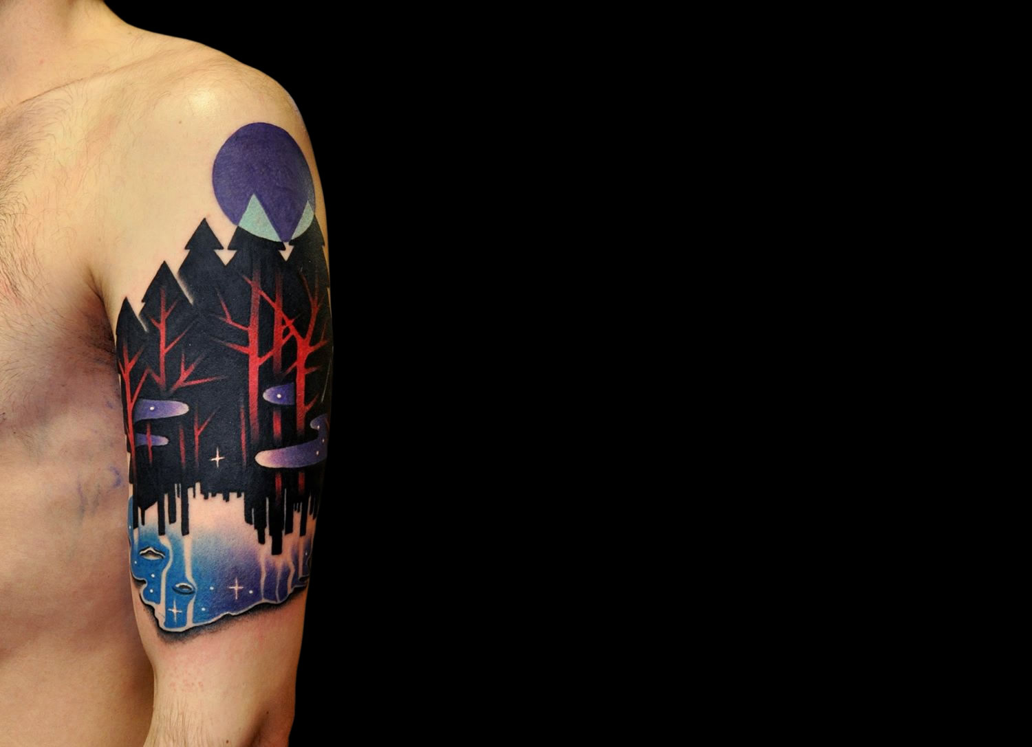 Apocalyptic clash tattoo, black trees and purple moon, tattoo by Marcin Aleksander Surowiec