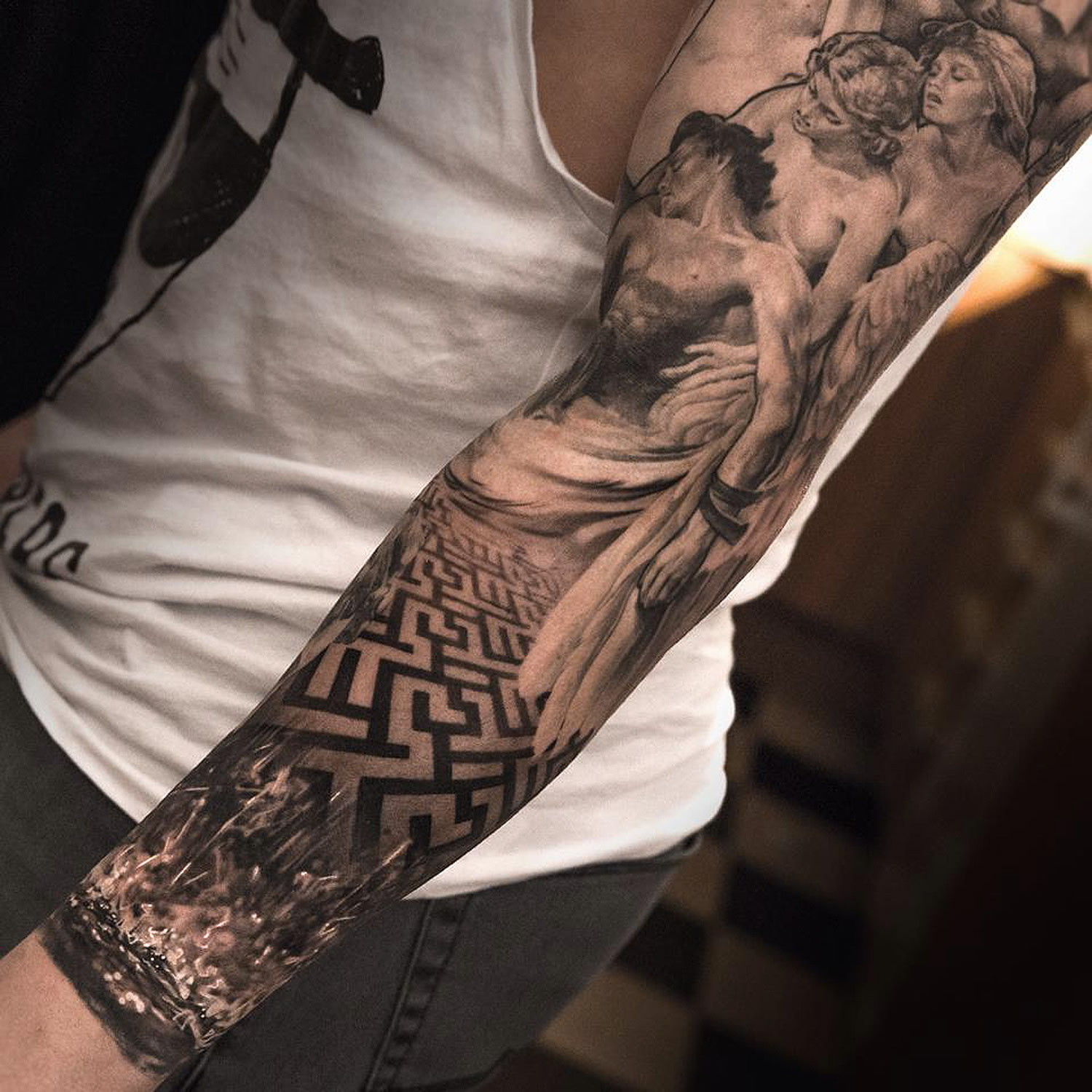 sculptures, zig zage floor and rain, tattoo sleeve by niki norberg