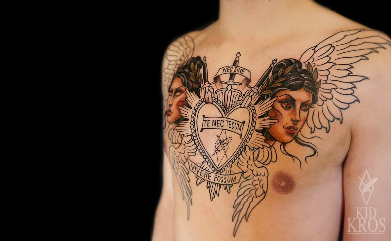 chest tattoo, two women with wings plus heart by kid kros