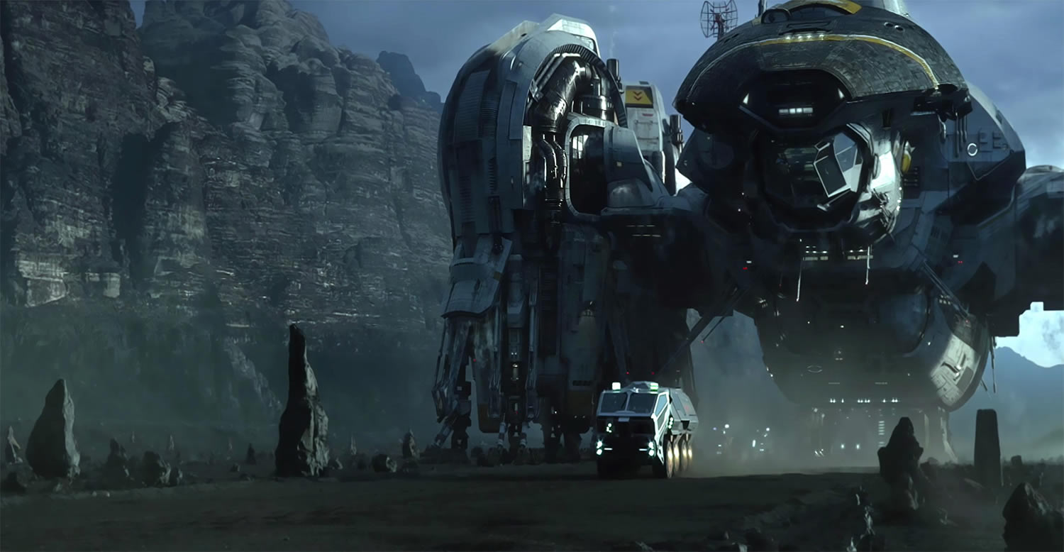 spaceship unit on land , spaceship flying in Prometheus movie