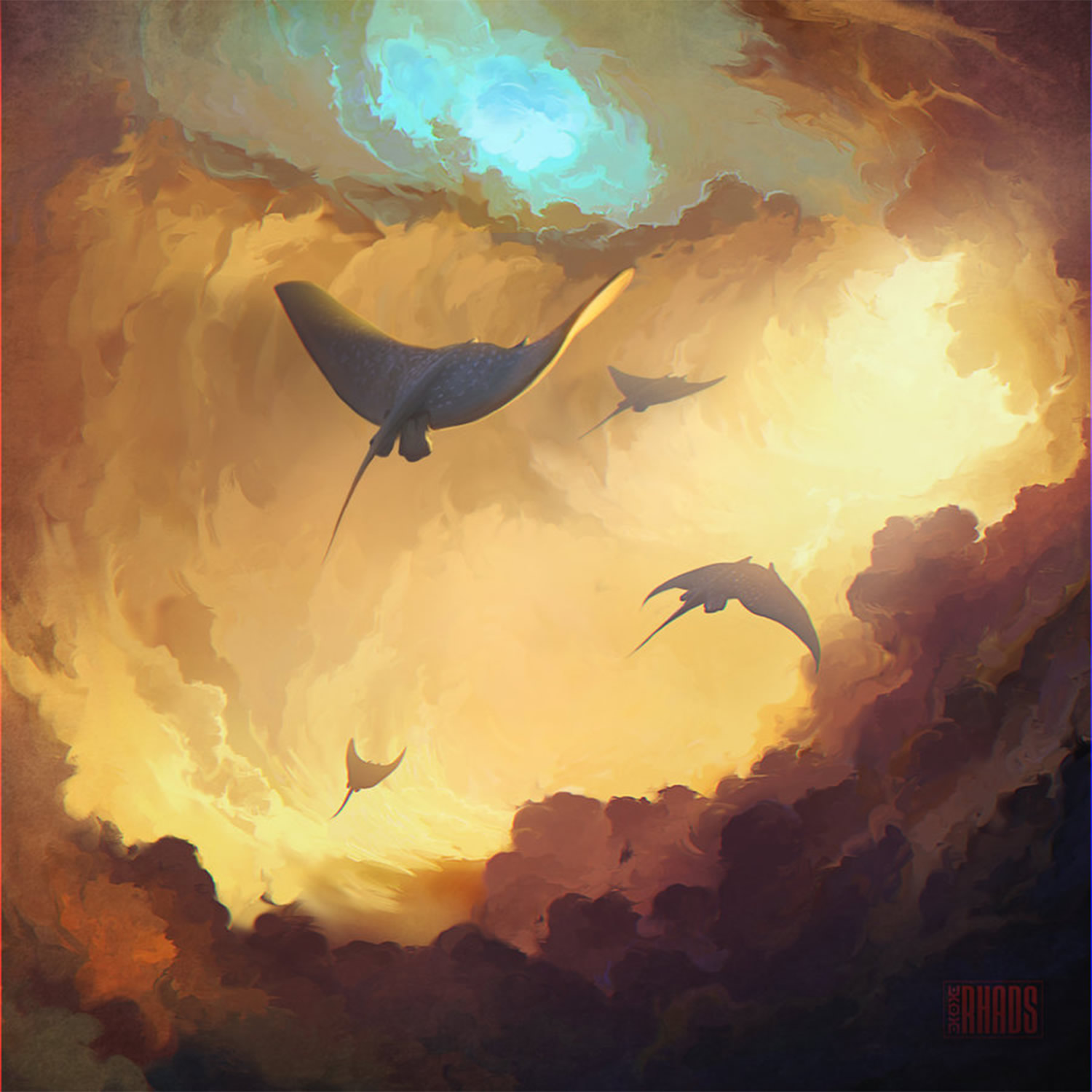 endless journey, digital art by rhads, sting rays flying in clouds