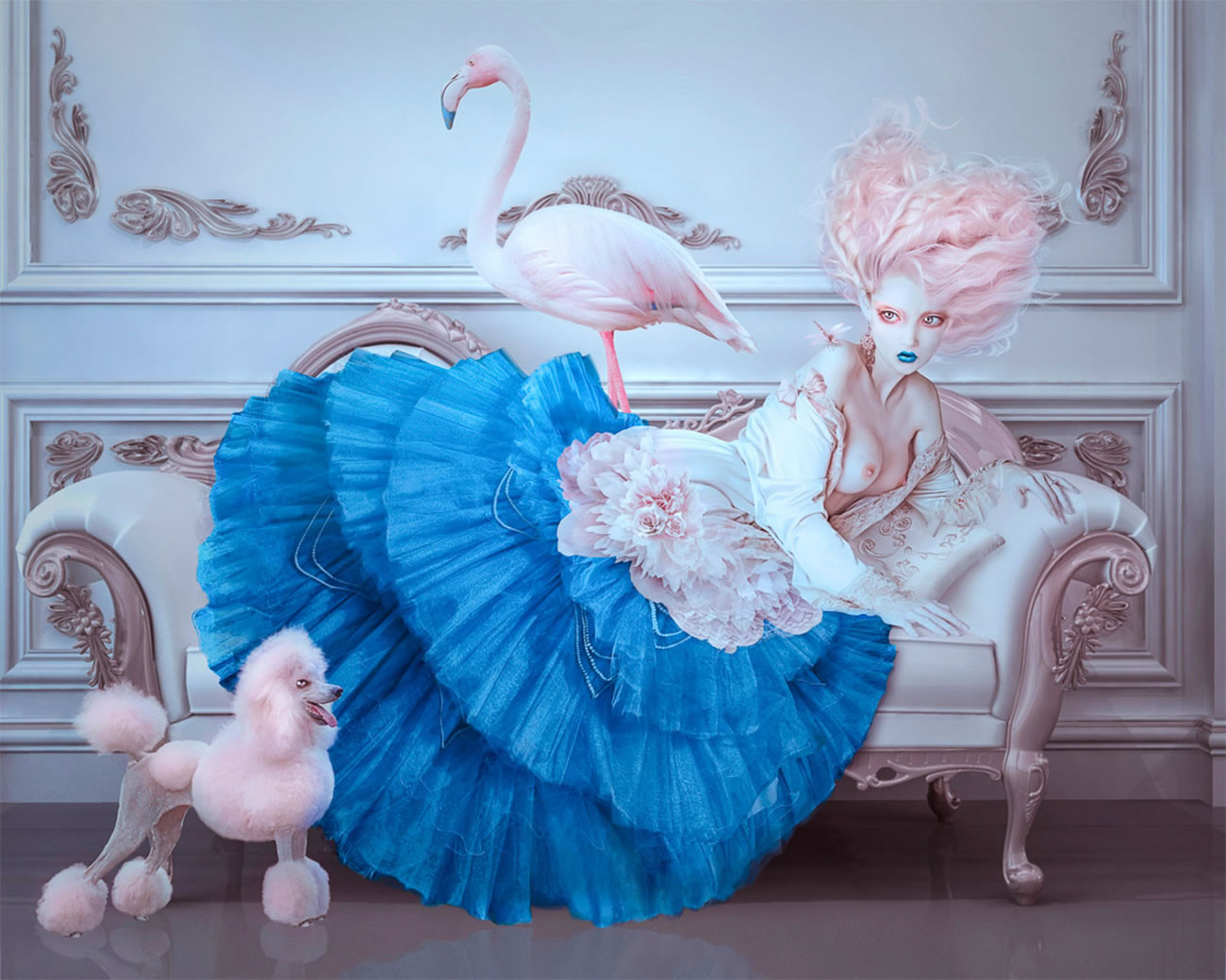 pink poodle and flamingo, woman laying on couch by nathalie shau