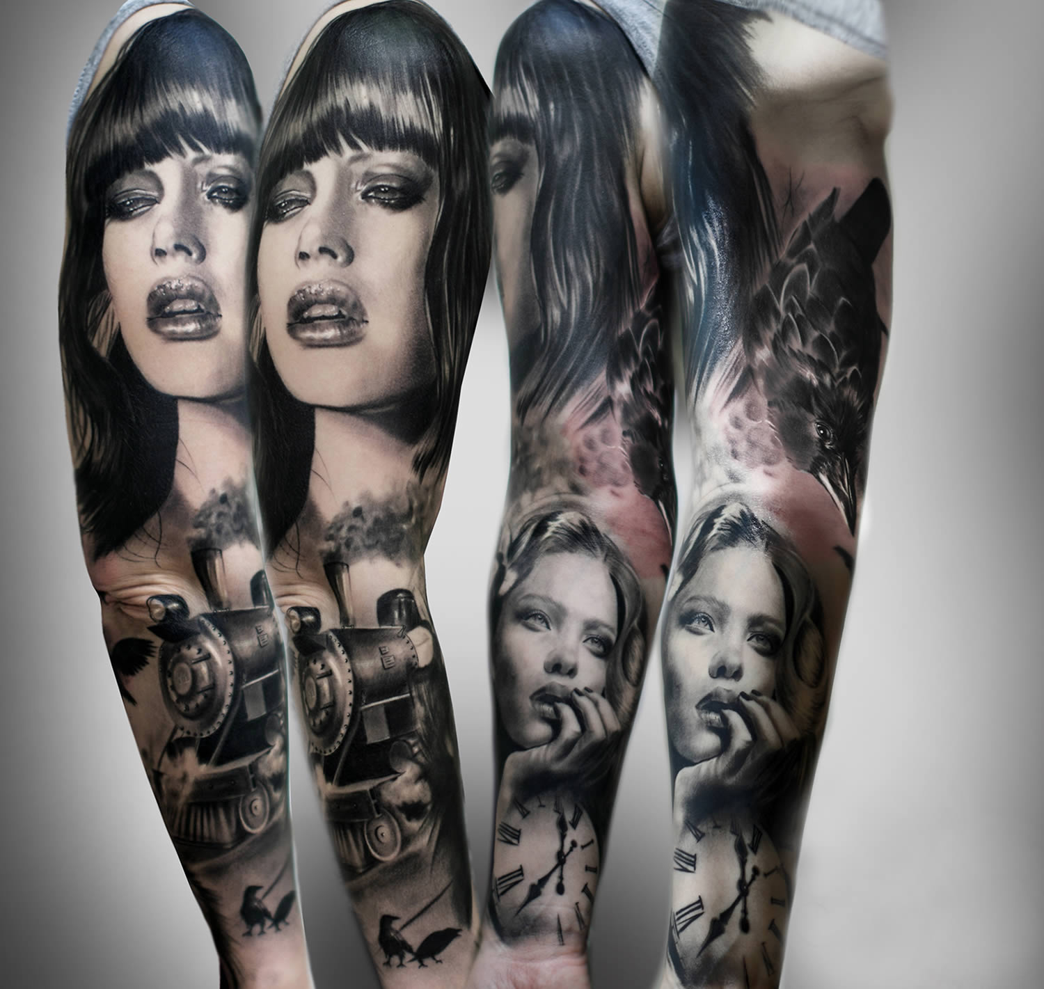 woman portrait sleeve tattoo by silvano fiato