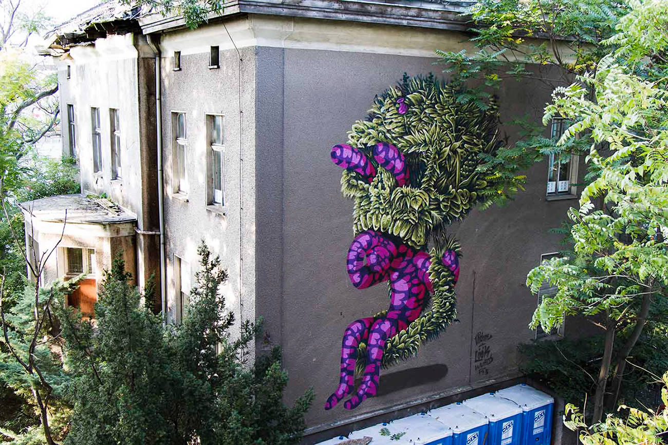plants and purple rabbiti graffiti by vidam