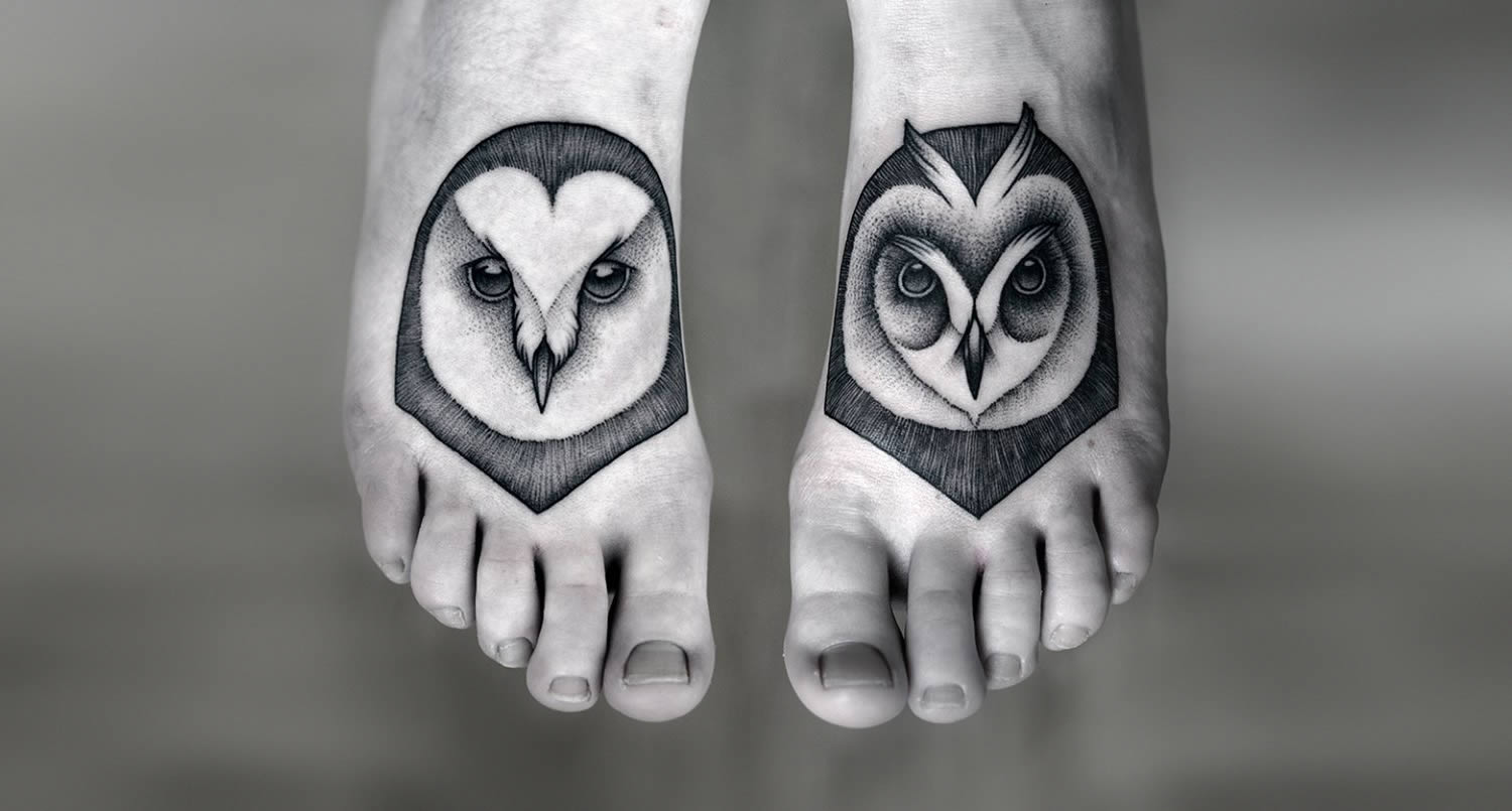 cute owl tattoos on feet by kamill czapiga