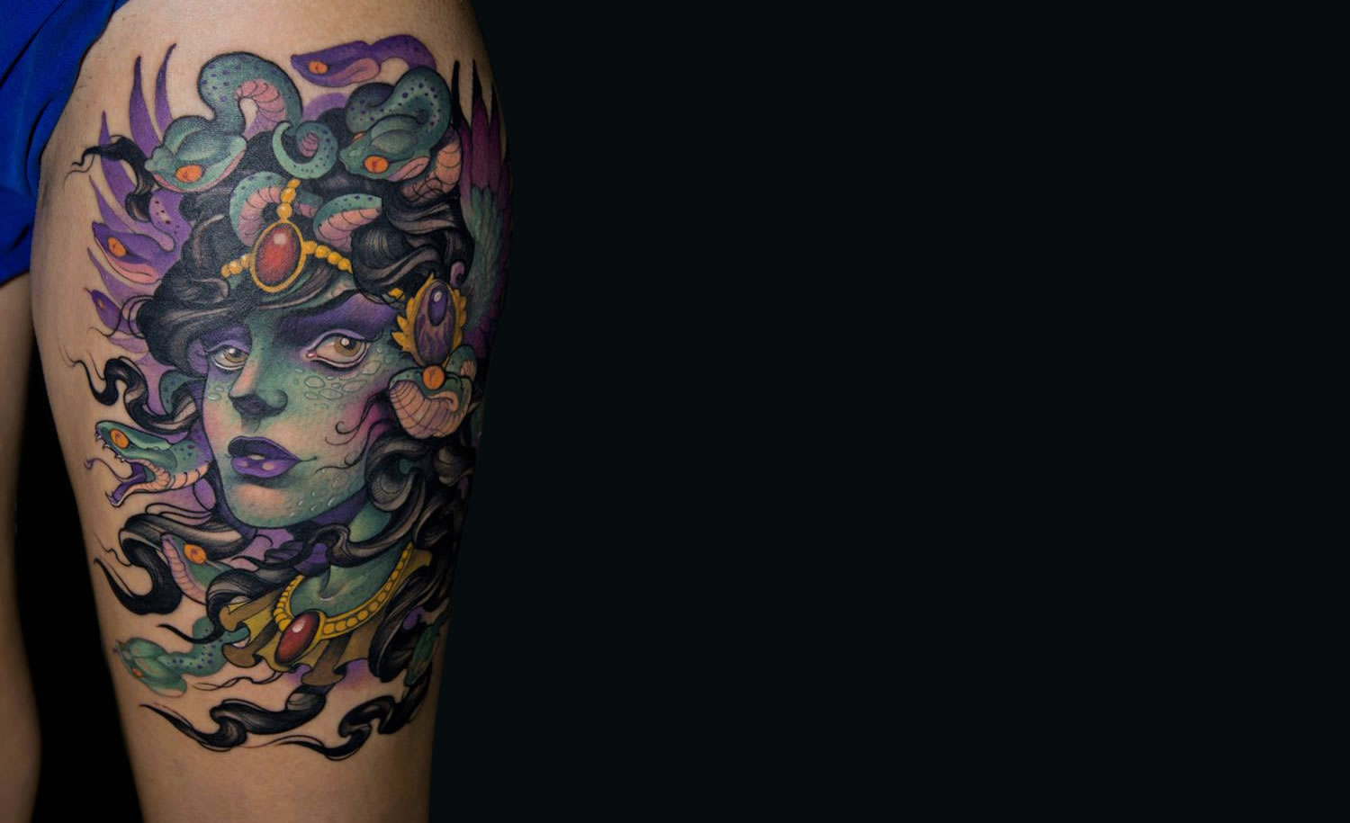 medusa tattoo (purple and green) on thigh by victor chill