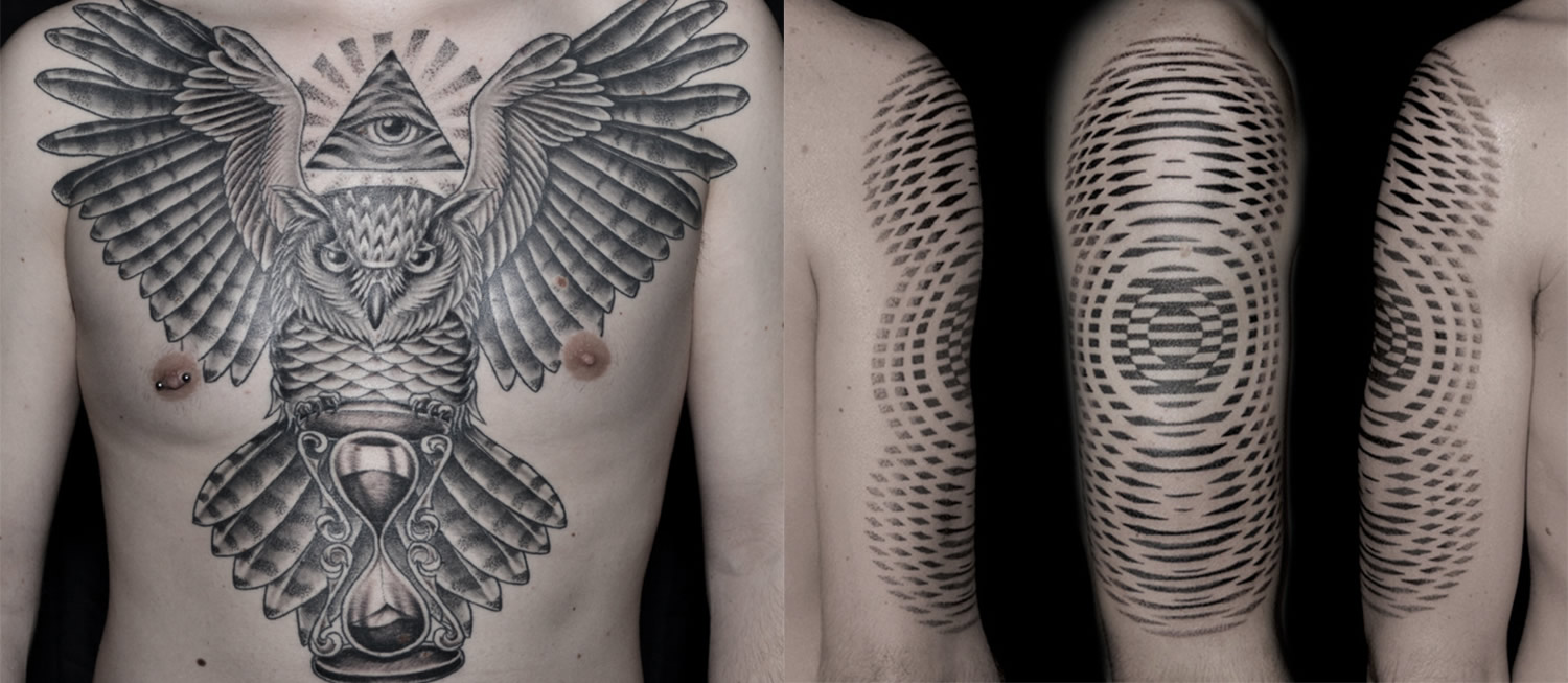owl and circle pattern motion tattoo by jonny breeze