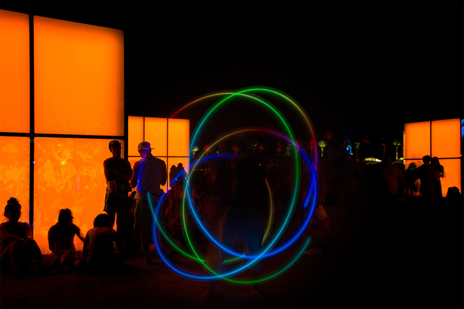 light painting circles and orange blocks. art installation by phillip k smith