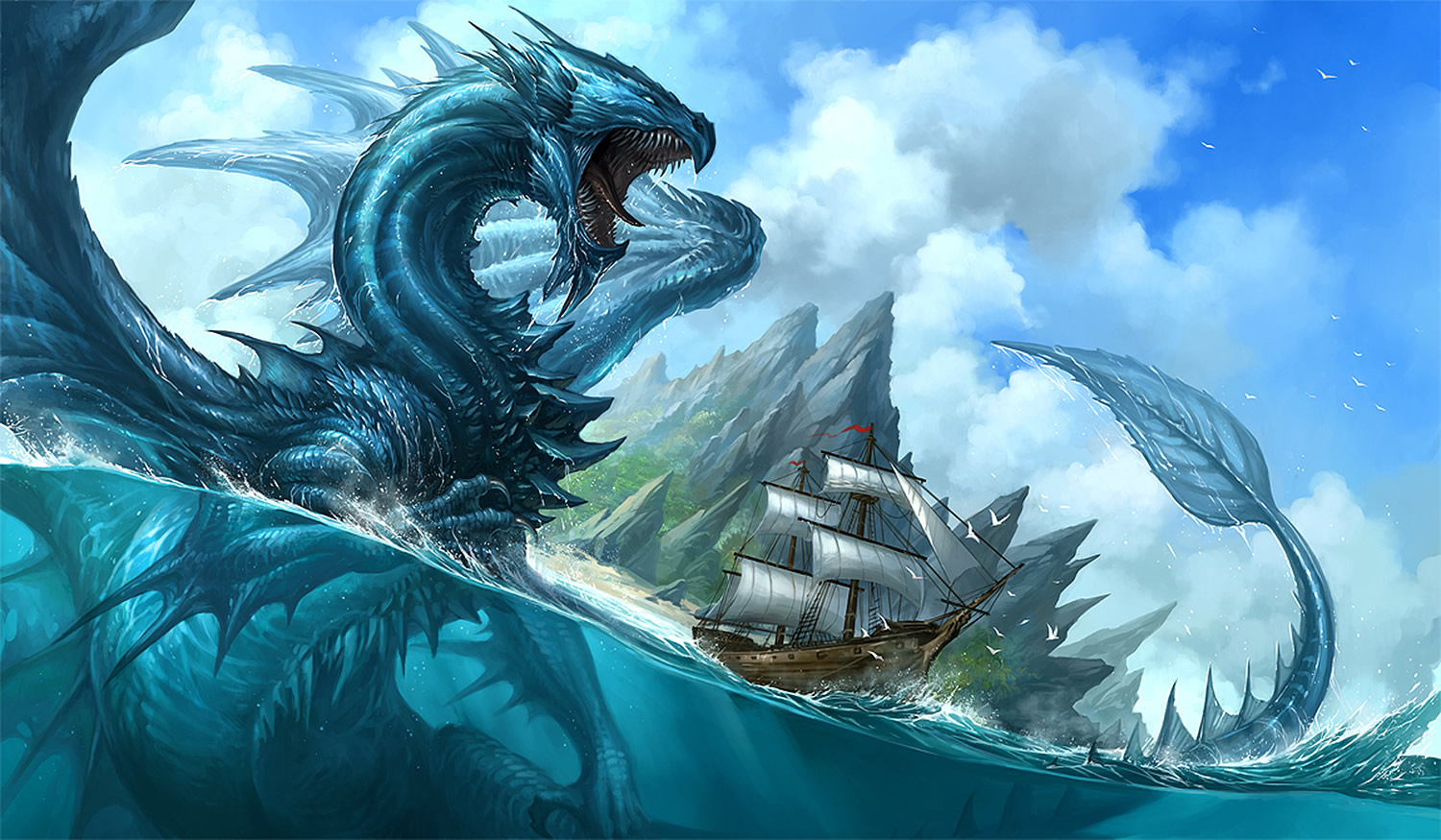 blue dragon and ship, digital painting by Sandara