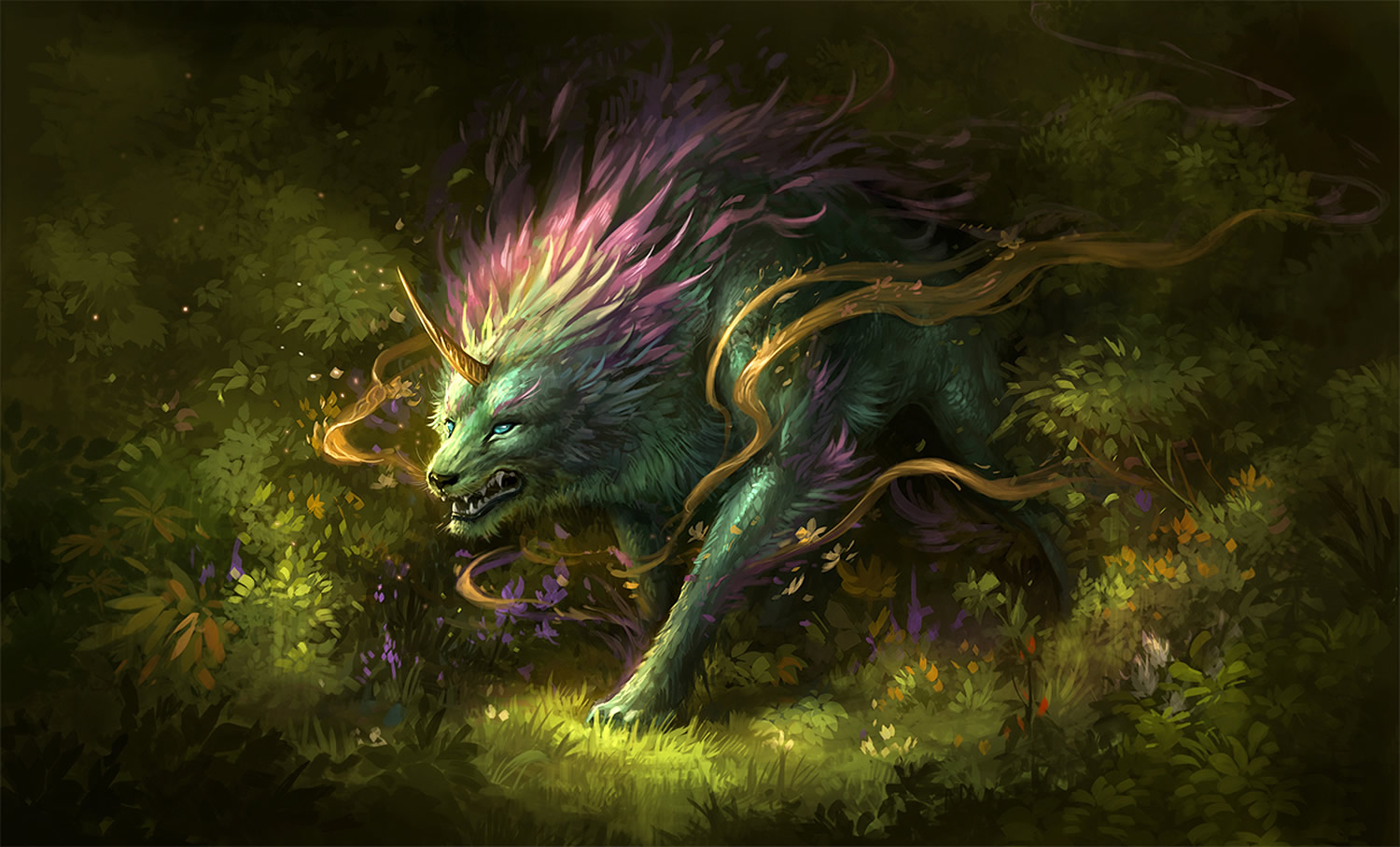 rainbow lion creature, digital painting by Sandara
