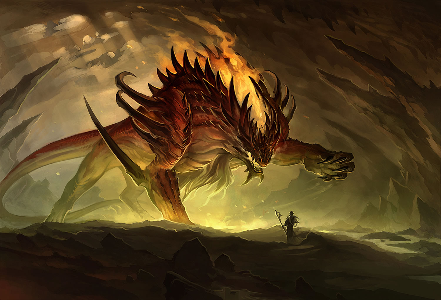 fire dragon scene, digital art by sandara