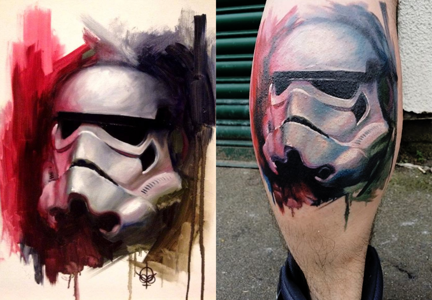 On the left the Stormtrooper painting that served as basis for the tattoo on the right, by Matt Oddboy Barratt-Jones. Star wars