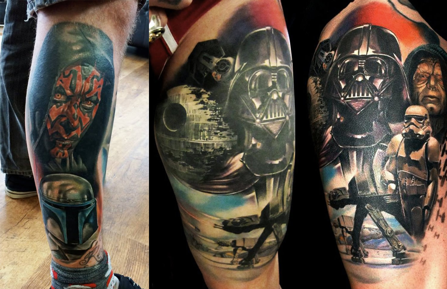 darth maul and Jango Fett tattooed on leg by Jordan Croke, right: star wars scene tattoo by Matteo Pasqualin