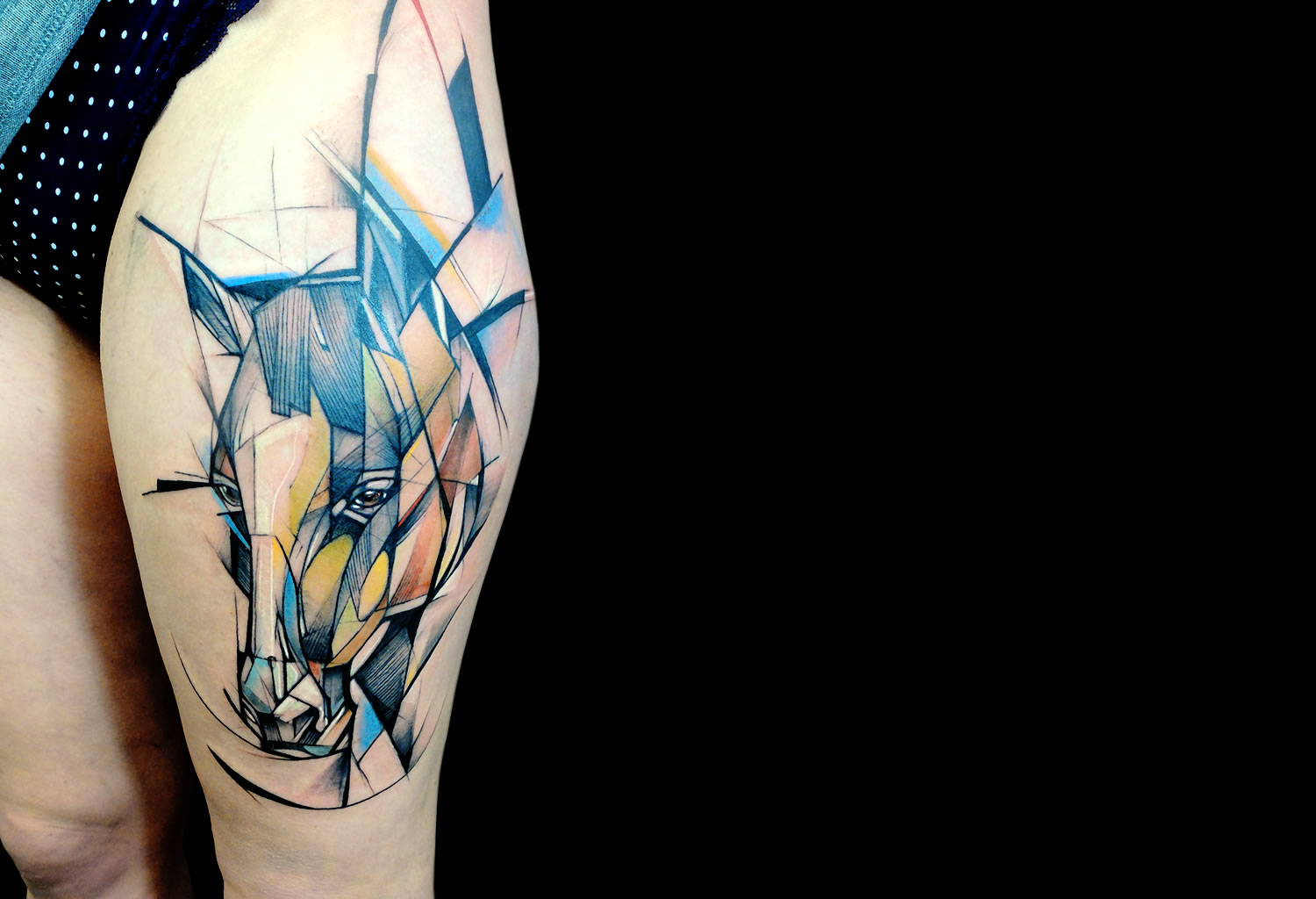 artistic horse tattoo on leg by Jan Mráz