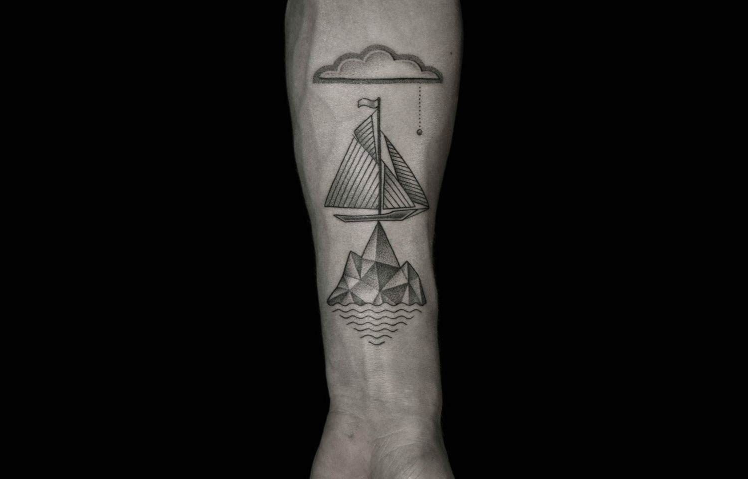sail boat and clouds dotwork, tattoo by Ilya Brezinski