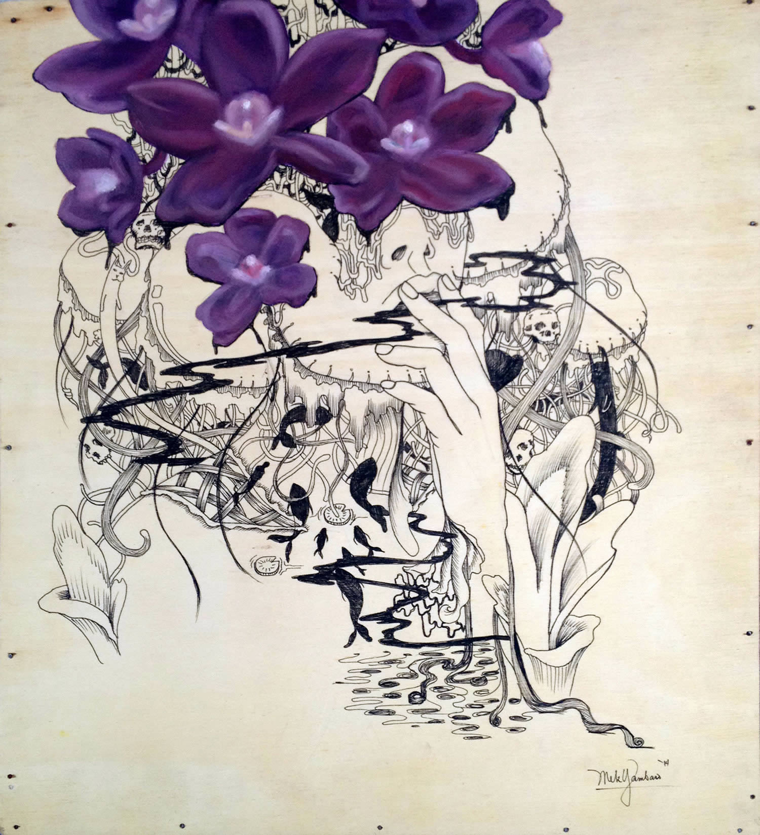 portrait of girl with purple flowers, art by mek yambao