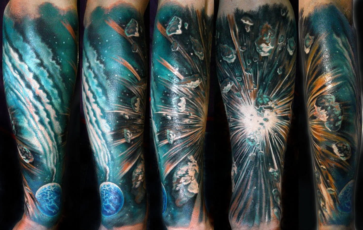 close-up of the space sleeve tattoo by Nika Samarina