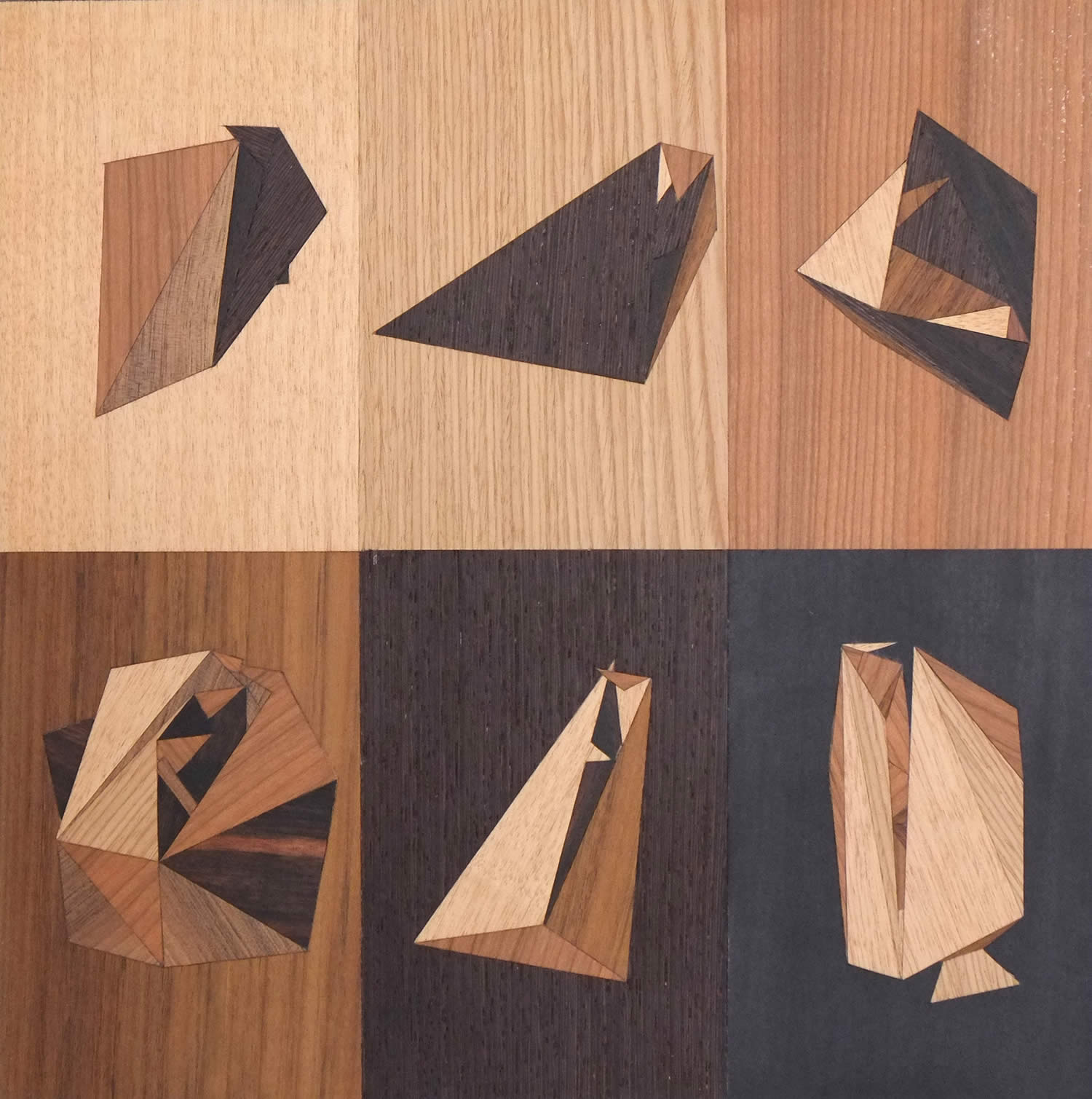 6 different colored wood pieces with geometric shapes, quid by rocco pezzella