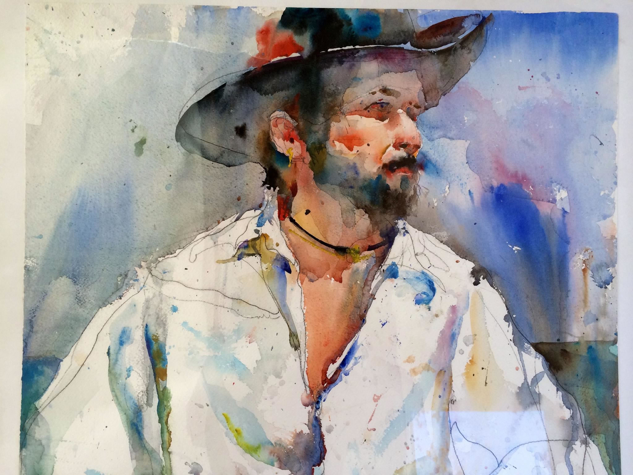 man with black hat, watercolor painting by charles reid
