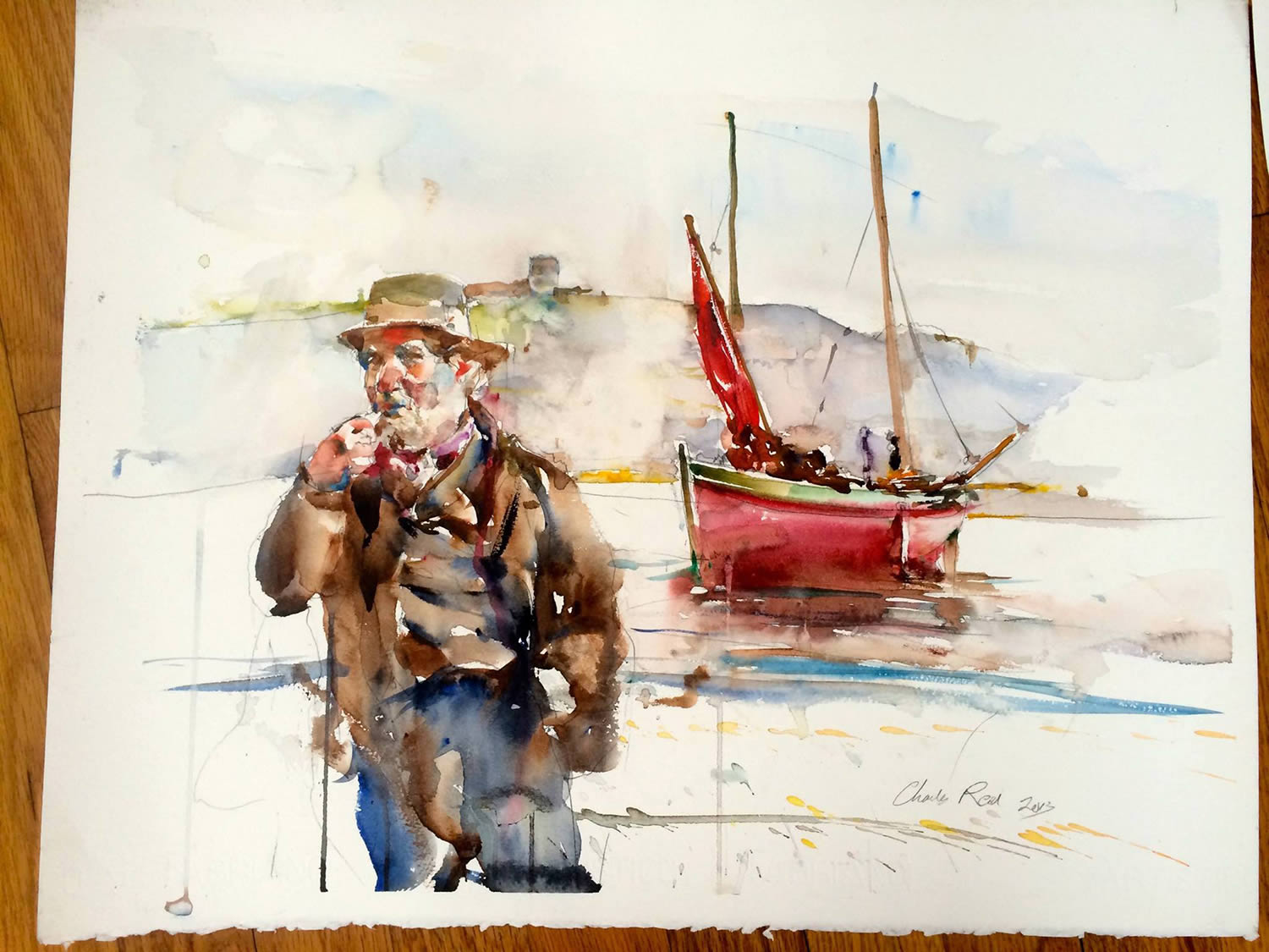 fisherman and red boat, watercolor painting by charles reid