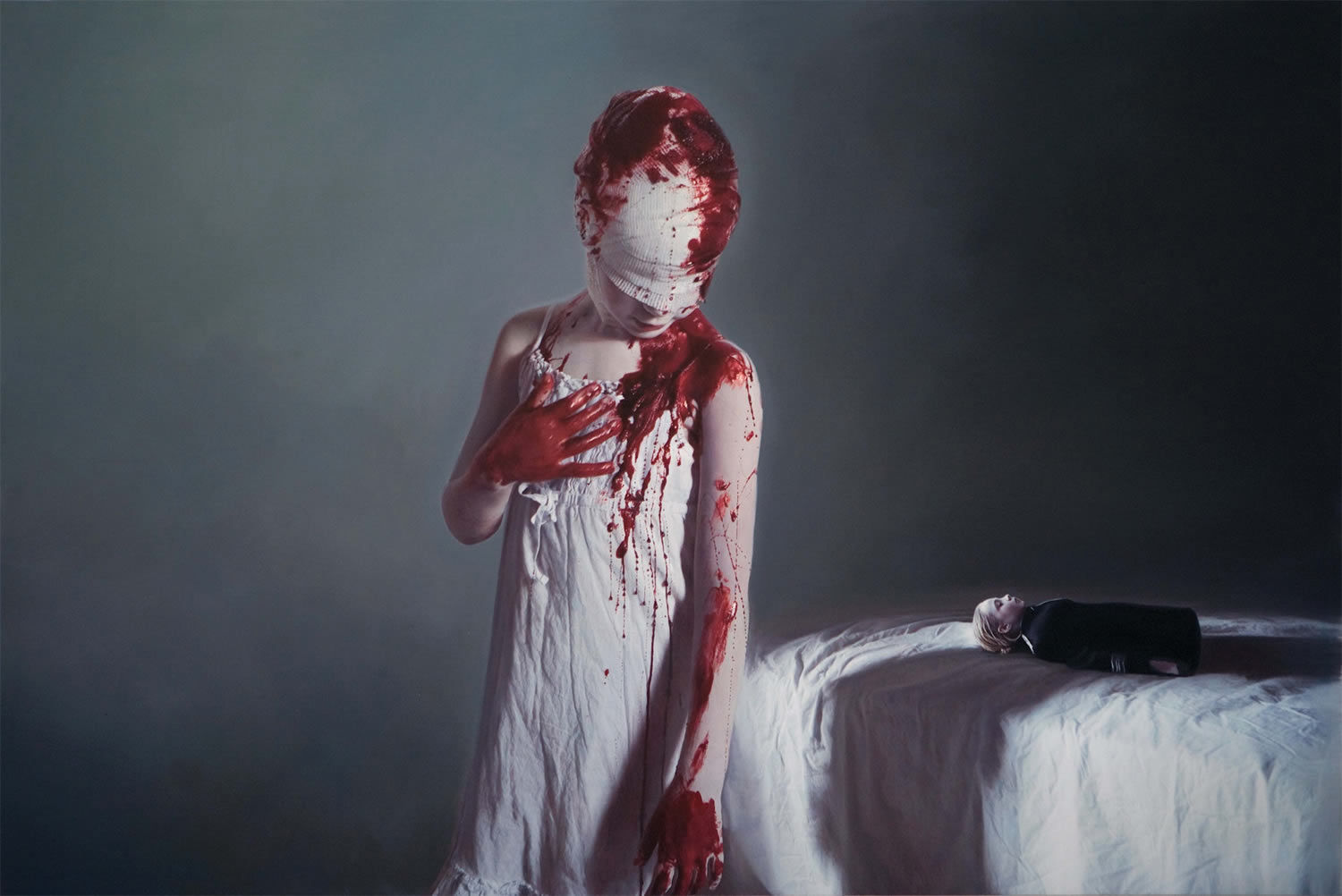 The Disasters of War 3, hyperrealist painting of girl with bloody bandages, by gottfried helwein