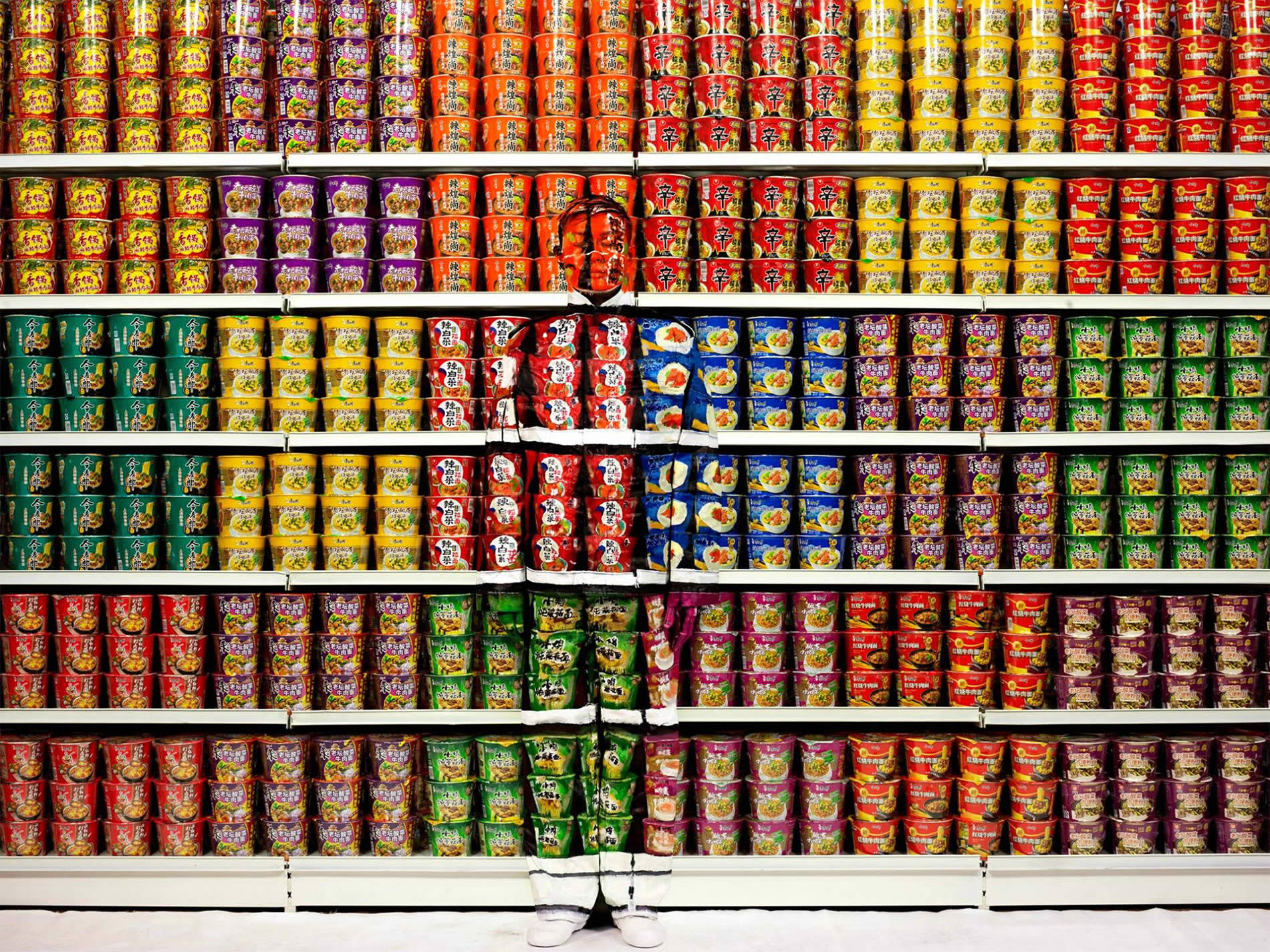 bolin in supermarket wall of cans