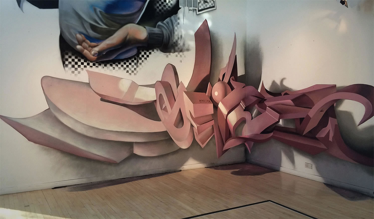 pink 3d letters on indoor wall, graffiti by odeith